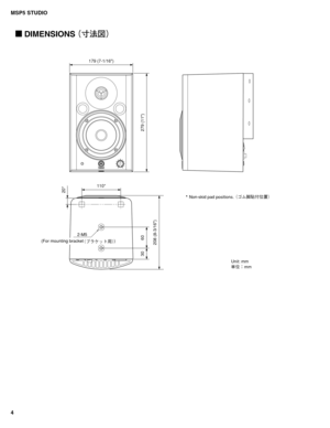 Page 4MSP5 STUDIO
4
179 (7-1/16")
110*
20*
279 (11")
30 60
208 (8-3/16")
* Non-skid pad positions. 
(For mounting bracket
¢Òå­¿Ä;£)
2-M5
 DIMENSIONS ¢
GO
$£
Unit: mm
 