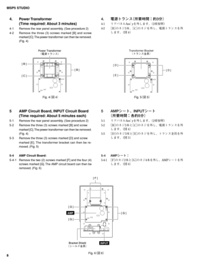 Page 8MSP5 STUDIO
8
4. Power Transformer
(Time required: About 3 minutes)
4-1 Remove the rear panel assembly. (See procedure 2)
4-2 Remove the three (3) screws marked [B] and screw
marked [C]. The power transformer can then be removed.
(Fig. 4)
 ?o