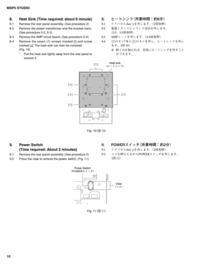 Page 10MSP5 STUDIO
10
8. Heat Sink (Time required: about 6 minute)
8-1 Remove the rear panel assembly. (See procedure 2)
8-2 Remove the power transformer and the bracket trans.
(See procedure 5-2, 5-3)
8-3 Remove the AMP circuit board. (See procedure 5-4)
8-4 Remove the seven (7) screws marked [I] and screw
marked [J]. The heat sink can then be removed.
(Fig. 10)
* Pull the heat sink lightly away from the rear panel to
remove it.
9. Power Switch
(Time required: About 2 minutes)
9-1 Remove the rear panel...