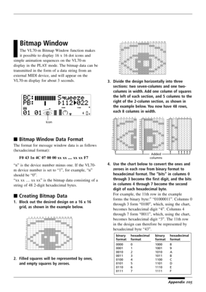 Page 109105
Bitmap Window
The VL70-m Bitmap Window function makes
it possible to display 16 x 16 dot icons and
simple animation sequences on the VL70-m
display in the PLAY mode. The bitmap data can be
transmitted in the form of a data string from an
external MIDI device, and will appear on the
VL70-m display for about 3 seconds.
 Bitmap Window Data Format
The format for message window data is as follows
(hexadecimal format):
F0 43 1n 4C 07 00 00 xx xx .... xx xx F7
“n” is the device number minus one. If the...