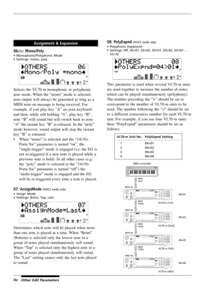 Page 8480
Assignment & Expansion
06
(05): Mono/Poly
•Monophonic/Polyphonic Mode
•Settings: mono, poly
Selects the VL70-m monophonic or polyphonic
note mode. When the “mono” mode is selected
note output will always be generated as long as a
MIDI note-on message is being received. For
example, if you play key “A” on your keyboard
and then, while still holding “A”, play key “B”,
note “B” will sound but will switch back to note
“A” the instant key “B” is released. In the “poly”
mode however, sound output will stop...