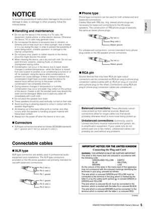 Page 5HS8/HS7/HS5/HS8I/HS7I/HS5I/HS8S Owner’s Manual5
English
NOTICE
To avoid the possibility of malfunction/ damage to the product, 
damage to data, or damage to other property, follow the 
notices below.
Handling and maintenance
• Do not use the device in the vicinity of a TV, radio, AV 
equipment, mobile phone, or other electric devices. Otherwise, 
the device, TV, or radio may generate noise.
• Do not expose the device to excessive dust or vibration, or  extreme cold or heat (such as in direct sunlight,...