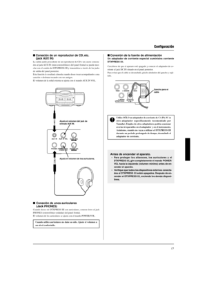 Page 11115
■Conexión de un reproductor de CD, etc.
(jack AUX IN)
La salida audio procedente de un reproductor de CD o un casete conecta-
dos al jack AUX IN (mini estereofónico) del panel frontal se puede mez-
clar con el sonido del DTXPRESS III y transmitirse a través de los jacks
de salida del panel posterior.
Esta función le resultará cómoda cuando desee tocar acompañando a una
canción o disfrutar tocando con sus amigos.
El volumen de la señal externa se ajusta con el mando AUX IN VOL.
■Conexión de la fuente...