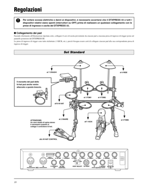 Page 13810
al 6 RIDE al 7 CRASH1
al 3 TOM1 al 4 TOM2
al 2 SNARE
al 5 TOM3 all8 HI HAT
all1 KICK
allo HI HAT CONTROL ATTENZIONE)
Un cavo dotato di spina stereo
è necessario quando si
collega il controllore hi-hat.
Il morsetto del pad dello
hi-hat può anche venire
attaccato a questo braccio.
Set Standard
Per evitare scosse elettriche e danni ai dispositivi, è necessario accertarsi che il DTXPRESS III e tutti i
dispositivi relativi siano spenti (interruttori su OFF) prima di realizzare un qualsiasi collegamento con...