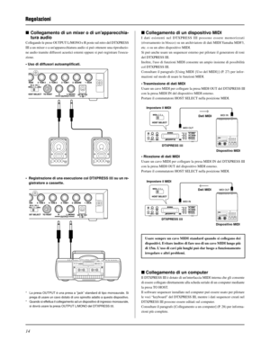 Page 14214
Collegamento di un mixer o di unapparecchia-
tura audio
Collegando le prese OUTPUT L/MONO e R poste sul retro del DTXPRESS
III a un mixer o a unapparecchiatura audio si può ottenere una riproduzio-
ne audio tramite diffusori acustici esterni oppure si può registrare lesecu-
zione.
• Uso di diffusori autoamplificati.
* La presa OUTPUT è una presa a “jack” standard di tipo monoaurale. Si
prega di usare un cavo dotato di uno spinotto adatto a questo dispositivo.
* Quando si effettua il collegamento ad...