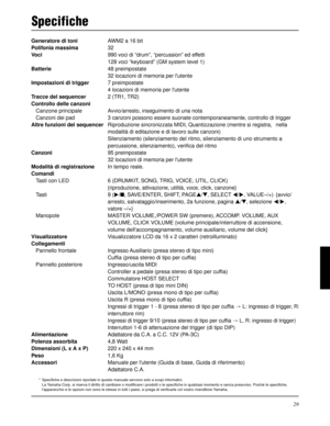 Page 15729
Specifiche
Generatore di toniAWM2 a 16 bit
Polifonia massima32
Voci990 voci di “drum”, “percussion” ed effetti
128 voci “keyboard” (GM system level 1)
Batterie48 preimpostate
32 locazioni di memoria per lutente
Impostazioni di trigger7 preimpostate
4 locazioni di memoria per lutente
Tracce del sequencer2 (TR1, TR2)
Controllo delle canzoni
Canzone principale Avvio/arresto, inseguimento di una nota
Canzoni dei pad 3 canzoni possono essere suonate contemporaneamente, controllo di trigger
Altre funzioni...