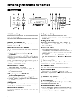 Page 1688
qAUX IN-aansluiting
Op deze aansluiting sluit u de uitgang van een extern audioapparaat aan
(stereo mini-aansluiting). (p. 15)
Dit is handig wanneer u wilt meespelen met muziek van een cd- of cassette-
speler.
wVolume AUX IN (AUX IN VOL)
Hiermee wordt het volume geregeld van de cd- of cassettespeler die is
aangesloten op de AUX IN q.
eHoofdtelefoonaansluiting (PHONES)
Sluit hier een hoofdtelefoon aan om naar de DTXPRESS III te luisteren
(p. 15).
rAan/uit-schakelaar/hoofdvolumeregeling
(POWER/VOL)...