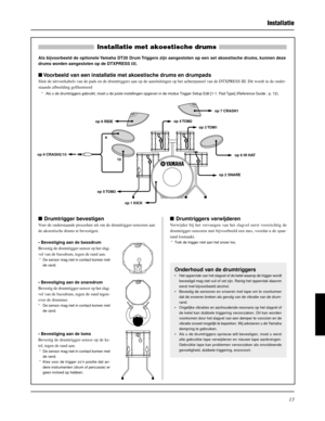 Page 17313
Drumtriggers verwijderen
Verwijder bij het vervangen van het slagvel eerst voorzichtig de
drumtrigger-sensoren met bijvoorbeeld een mes, voordat u de span-
rand losmaakt.
 * Trek de trigger niet aan het snoer los.
Installatie
Drumtrigger bevestigen
Voer de onderstaande procedure uit om de drumtrigger-sensoren aan
de akoestische drums te bevestigen.
• Bevestiging aan de bassdrum
Bevestig de drumtrigger-sensor op het slag-
vel van de bassdrum, tegen de rand aan.
 * De sensor mag niet in contact komen...