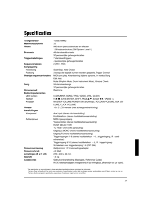 Page 18929
Specificaties
Toongenerator16-bits AWM2
Maximumpolyfonie32
Voices990 drum-/percussievoices en effecten
128 keyboardvoices (GM System Level 1)
Drumsets48 standaarddrumsets
32 persoonlijke geheugenlocaties
Triggerinstellingen7 standaardtriggers
4 persoonlijke geheugenlocaties
Sequencersporen2 (TR1, TR2)
Songregeling
Hoofdsong Start/Stop, Note Chase
Padsong 3 songs die tegelijk kunnen worden gespeeld, Trigger Control
Overige sequencerfunctiesMIDI sync play, Kwantisering (tijdens opname, in modus Song...