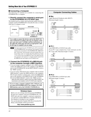 Page 2828
Getting More Out of Your DTXPRESS III
Computer Connecting Cables
Mac
Apple Macintosh Peripheral cable (M0197).
Maximum length 2 meters.
mini DIN 8-pinmini DIN 8-pin
2 (HSK i) 11 (HSK o) 25 (RxD _) 34 (GND) 43 (TxD _) 58 (RxD +) 67 (GP i) 76 (TxD +) 8
PC-1
8-pin MINI DIN to D-SUB 25-pin cable.
If your PC-1 type computer has a 9-pin serial port, use the
PC-2 type cable. Maximum length 1.8 meters.
D-SUB 25-pin
mini DIN 8-pin
5 (CTS) 14 (RTS) 23 (RxD) 37 (GND) 482 (TxD) 5
PC-2
8-pin MINI DIN to D-SUB...