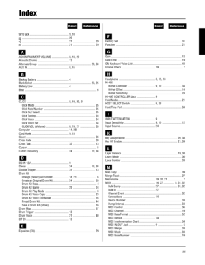 Page 3333
Index
Basic Reference
9/10 jack ....................................................... 9, 10
.................................................................. 20
.................................................................. 21 ............................... 29
.................................................................. 21 ............................... 29
A
ACCOMPANIMENT VOLUME ........................ 8, 18, 20
Acoustic Drums ............................................ 13
Alternate...