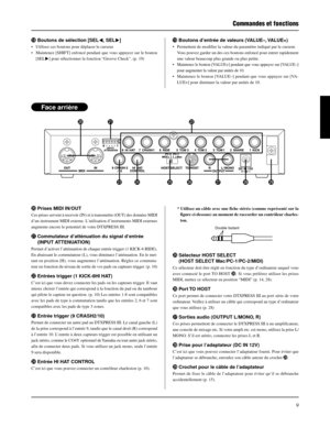 Page 419
!8Boutons de sélection [SEL]
• Utilisez ces boutons pour déplacer le curseur.
• Maintenez [SHIFT] enfoncé pendant que vous appuyez sur le bouton
[SEL>] pour sélectionner la fonction “Groove Check”. (p. 19)
@0Prises MIDI IN/OUT
Ces prises servent à recevoir (IN) et à transmettre (OUT) des données MIDI
d’un instrument MIDI externe. L’utilisation d’instruments MIDI externes
augmente encore le potentiel de votre DTXPRESS III.
@1Commutateur d’atténuation du signal d’entrée
(INPUT ATTENUATION)
Permet...