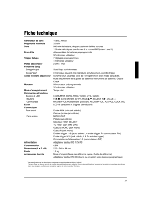 Page 6129
Fiche technique
Générateur de sons16 bits, AWM2
Polyphonie maximale32 voix
Sons990 voix de batterie, de percussion et d’effets sonores
128 voix mélodiques (conformes à la norme GM System Level 1)
Drum Kits48 ensembles de batterie préprogrammés
32 mémoires utilisateur
Trigger Setups7 réglages préprogrammés
4 mémoires utilisateur
Pistes séquenceur2 (TR1, TR2)
Fonctions Song
Song principal Start/Stop, suivi de notes
Songs “pad” 3 morceaux peuvent être reproduits simultanément, contrôle trigger
Autres...