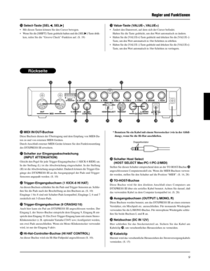 Page 739
!8Select-Taste [SEL]
• Mit diesen Tasten können Sie den Cursor bewegen.
• Wenn Sie die [SHIFT]-Taste gedrückt halten und die [SEL>]-Taste drük-
ken, rufen Sie die “Groove Check”-Funktion auf. (S. 19)
@0MIDI IN/OUT-Buchse
Diese Buchsen dienen der Übertragung und dem Empfang von MIDI-Da-
ten zu und von externen MIDI-Geräten.
Durch Anschluß externer MIDI-Geräte können Sie den Funktionsumfang
des DTXPRESS III erweitern.
@1Schalter zur Eingangsabschwächung
(INPUT ATTENUATION)
Gleicht den Pegel für jede...