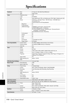 Page 112Speciﬁcations
112•  Tyros3  Owner’s Manual
Speciﬁcations
KeyboardKeys 61 keys (C1–C6) Initial Touch/Aftertouch
Type Organ (FSX)
VoicePolyphony (max) 128
Layer R1/R2/R3/L
Split Style (default point: F#2), Left (default point: F#2), Right 3 (default point: G2)
Voices 749 Voices + 20 Organ Flutes + 480 XG Voices + 256 GM2 Voice + 
35 Drum/SFX kits 
(And GS Voices for GS Song playback)
MegaVoice 23
S.Articulation2! 
(AEM technology)11
[TRUMPET] JazzTrumpet / ClassicTrumpet
[SAXOPHONE] JazzSax / BreathySax...