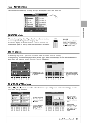 Page 21Basic Operations
Tyros3  Owner’s Manual  •21
TAB [QQ Q Q][WW W W] buttons
These buttons are used mainly to change the Pages of displays that have “tabs” at the top.
[ASSIGN] slider
When the Footage Page of the Organ Flute Voice is shown, this slider 
is used to adjust the footage lever of 16’ (page 46).
When other displays are shown, this slider is used to adjust the key-
board volume (page 55) directly during your performance, by default.
[1]–[8] sliders
In the footage Page of the Organ Flute Voice,...