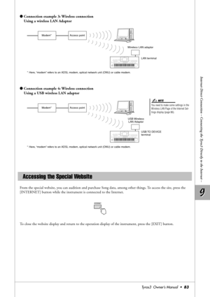 Page 839 9
Internet Direct Connection – Connecting the Tyros3 Directly to the Internet –
Tyros3  Owner’s Manual  •83
●Connection example 3: Wireless connection
Using a wireless LAN Adaptor
●Connection example 4: Wireless connection 
Using a USB wireless LAN adaptor
From the special website, you can audition and purchase Song data, among other things. To access the site, press the 
[INTERNET] button while the instrument is connected to the Internet.
 
To close the website display and return to the operation...