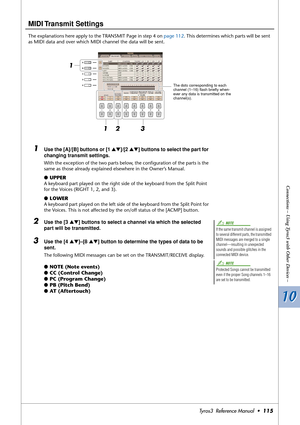 Page 11510 10
Connections – Using Tyros3 with Other Devices –
Tyros3  Reference Manual  •115
MIDI Transmit  Settings
The explanations here apply to the TRANSMIT Page in step 4 on page 112. This determines which parts will be sent 
as MIDI data and over which MIDI channel the data will be sent.
1Use the [A]/[B] buttons or [1 ▲▼]/[2 ▲▼] buttons to select the part for 
changing transmit settings. 
With the exception of the two parts below, the conﬁguration of the parts is the 
same as those already explained...