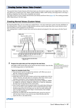 Page 171 1
Voices – Playing the Keyboard –
Tyros3  Reference Manual  •17
The powerful Voice Creator features of the Tyros3 give you the tools to create your own original Voices. Voice Cre-
ator allows you to import your own “Wave” (audio samples in WAV or AIFF format), and assign them to the keys—
building completely new Voices with completely new sounds. 
Two types of Voices can be created: Normal Voice (see below) and Drum Voice (page 22). The creating procedure 
differs depending on the Voice type. 
Creating...