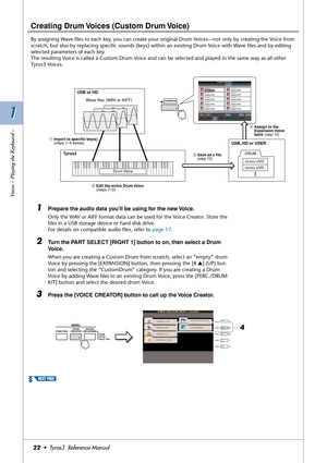 Page 221 1
Voices – Playing the Keyboard –
22•  Tyros3  Reference Manual
Creating Drum Voices (Custom Drum Voice)
By assigning Wave ﬁles to each key, you can create your original Drum Voices—not only by creating the Voice from 
scratch, but also by replacing speciﬁc sounds (keys) within an existing Drum Voice with Wave ﬁles and by editing 
selected parameters of each key.
The resulting Voice is called a Custom Drum Voice and can be selected and played in the same way as all other 
Tyros3 Voices.
1Prepare the...