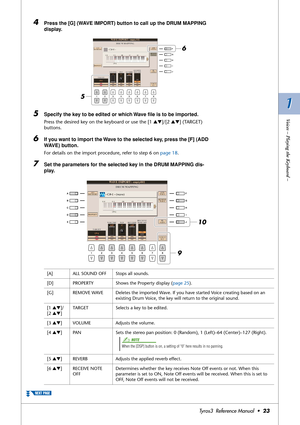 Page 231 1
Voices – Playing the Keyboard –
Tyros3  Reference Manual  •23
4Press the [G] (WAVE IMPORT) button to call up the DRUM MAPPING 
display.
5Specify the key to be edited or which Wave ﬁle is to be imported.
Press the desired key on the keyboard or use the [1 ▲▼]/[2 ▲▼] (TARGET) 
buttons.
6If you want to import the Wave to the selected key, press the [F] (ADD 
WAVE) button.
For details on the import procedure, refer to step 6 on page 18.
7Set the parameters for the selected key in the DRUM MAPPING dis-...