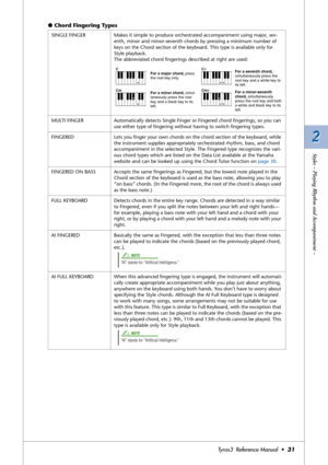 Page 312 2
Styles – Playing Rhythm and Accompaniment –
Tyros3  Reference Manual  •31
●Chord Fingering Types
SINGLE FINGER Makes it simple to produce orchestrated accompaniment using major, sev-
enth, minor and minor-seventh chords by pressing a minimum number of 
keys on the Chord section of the keyboard. This type is available only for 
Style playback.
The abbreviated chord ﬁngerings described at right are used:
MULTI FINGER Automatically detects Single Finger or Fingered chord ﬁngerings, so you can 
use...