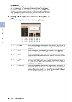 Page 81 1
Voices – Playing the Keyboard –
8•  Tyros3  Reference Manual
●Echo Types
When one of the Echo Types is selected, the corresponding effect (echo, trem-
olo, trill) is applied to the note played in the right-hand section of the key-
board in time with the currently set tempo, regardless of the [ACMP] and the 
LEFT part on/off status. Keep in mind that Trill works when you hold down two 
notes on the keyboard simultaneously (last two notes if more than two notes 
are held), and it plays those notes...