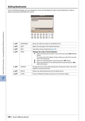 Page 1009 9
Internet Direct Connection – Connecting the Tyros3 Directly to the Internet –
100•  Tyros3  Reference Manual
Editing Bookmarks
From the Bookmark display, you can change the names and rearrange the order of your bookmarks, as well as 
delete unnecessary bookmarks from the list.
[1 ▲▼](UP/DOWN) Moves the selection position in the Bookmark list.
[2 ▲▼]VIEW Opens the web page of the selected bookmark.
[3 ▲▼]ADD Used when saving a bookmark (page 99).
[4 ▲▼]MOVEChanges the order of the bookmarks.
1Select...