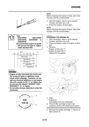 Page 147
ENGINE
3-14
CAUTION:
ECA4S81007
 Engine oil also lubricates the clutch and the wrong oil types or additives could 
cause clutch slippage. Therefore, do not 
add any chemical additives or use engine 
oils with a grade of CD “a” or higher and 
do not use oils labeled “ENERGY CON-
SERVING II” “b” or higher.
 Do not allow foreign materials to enter the 
crankcase.
NOTE:
Before checking the engine oil level, wait a few 
minutes until the oil has settled.
4. Start the engine, warm it up for several...