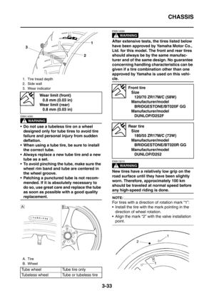 Page 166
CHASSIS
3-33
WARNING
EWA14080
 Do not use a tubeless tire on a wheel designed only for tube tires to avoid tire 
failure and personal injury from sudden 
deflation.
 When using a tube tire, be sure to install  the correct tube.
 Always replace a new tube tire and a new  tube as a set.
 To avoid pinching the tube, make sure the 
wheel rim band and tube are centered in 
the wheel groove.
 Patching a punctured tube is not recom-
mended. If it is absolutely necessary to 
do so, use great care and...