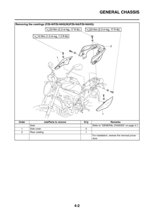 Page 175
GENERAL CHASSIS
4-2
Removing the cowlings (FZ6-N/FZ6-NHG(W)/FZ6-NA/FZ6-NAHG)
Order Job/Parts to remove Q’ty RemarksSeat Refer to GENERAL CHASSIS on page 4-1.
1 Side cover 2
2 Rear cowling 1
For installation, reverse the removal proce-
dure. 