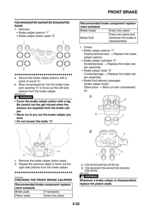 Page 208
FRONT BRAKE
4-35
FZ6-NHG(W)/FZ6-NAHG/FZ6-SHG(W)/FZ6-
SAHG
1. Remove: Brake caliper pistons “1”
 Brake caliper piston seals “2”
▼▼▼▼▼▼▼▼▼▼▼▼▼▼▼▼▼▼▼▼▼▼▼▼▼▼▼▼▼▼
a. Secure the brake caliper pistons with a  piece of wood “a”.
b. Blow compressed air into the brake hose  joint opening “b” to force out the left side 
pistons from the brake caliper.
WARNING
EWA4S81016
 Cover the brake caliper piston with a lag.
Be careful not the get injured when the 
pistons are expelled from the brake cali-
per.
 Never try...