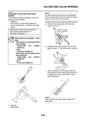 Page 283
VALVES AND VALVE SPRINGS
5-22
EAS24290
CHECKING THE VALVES AND VALVE 
GUIDES
The following procedure applies to all of the 
valves and valve guides.
1. Measure: Valve-stem-to-valve-guide clearance
Out of specification  → Replace the valve 
guide.
2. Replace:  Valve guideNOTE:
To ease valve guide removal and installation, 
and to maintain the correct fit, heat the cylinder 
head to 100 °C (212 °F) in an oven.
▼▼▼▼▼▼▼▼▼▼▼▼▼▼▼▼▼▼▼▼▼▼▼▼▼▼▼▼▼▼
a. Remove the valve guide with the valve 
guide remover “1”.
b....