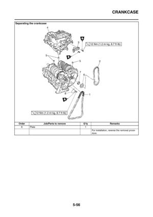 Page 317
CRANKCASE
5-56
8Plate 1For installation, reverse the removal proce-
dure.
Separating the crankcase
Order Job/Parts to remove Q’ty Remarks 