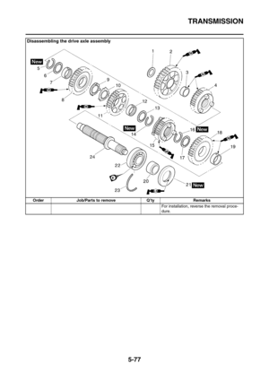 Page 338
TRANSMISSION
5-77
For installation, reverse the removal proce-
dure.
Disassembling the drive axle assembly
Order Job/Parts to remove Q’ty Remarks 