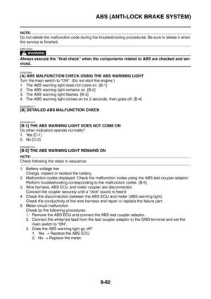 Page 455
ABS (ANTI-LOCK BRAKE SYSTEM)
8-82
NOTE:
Do not delete the malfunction code during the troubleshooting procedures. Be sure to delete it when 
the service is finished.
WARNING
EWA14050
Always execute the “final check” when the components related to ABS are checked and ser-
viced.
EAS27830
[A] ABS MALFUNCTION CHECK USING THE ABS WARNING LIGHT
Turn the main switch to “ON”. (Do not start the engine.)
1. The ABS warning light does not come on. [B-1]
2. The ABS warning light  remains on. [B-2]
3. The ABS...