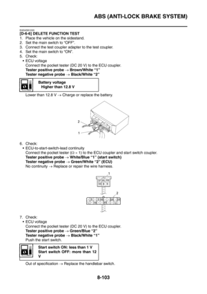 Page 476
ABS (ANTI-LOCK BRAKE SYSTEM)
8-103
EAS4S81033
[D-6-6] DELETE FUNCTION TEST
1. Place the vehicle on the sidestand.
2. Set the main switch to “OFF”.
3. Connect the test coupler adapter to the test coupler.
4. Set the main switch to “ON”.
5. Check: ECU voltage Connect the pocket tester (DC 20 V) to the ECU coupler.
Tester positive probe  → Brown/White “1”
Tester negative probe  → Black/White “2”
Lower than 12.8 V  → Charge or replace the battery.
6. Check:  ECU-to-start-switch-lead continuity
Connect the...