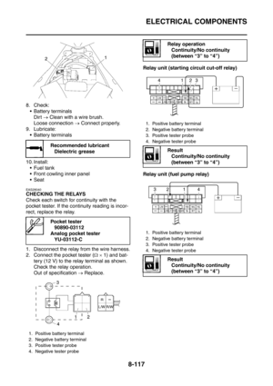 Page 490
ELECTRICAL COMPONENTS
8-117
8. Check: Battery terminals Dirt  → Clean with a wire brush.
Loose connection  → Connect properly.
9. Lubricate:  Battery terminals
10. Install:  Fuel tank
 Front cowling inner panel
Seat
EAS28040
CHECKING THE RELAYS
Check each switch for continuity with the 
pocket tester. If the continuity reading is incor-
rect, replace the relay.
1. Disconnect the relay from the wire harness.
2. Connect the pocket tester ( Ω ×  1) and bat-
tery (12 V) to the relay terminal as shown....