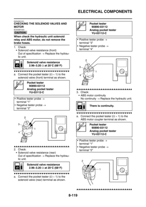 Page 492
ELECTRICAL COMPONENTS
8-119
EAS4S81031
CHECKING THE SOLENOID VALVES AND 
MOTOR
CAUTION:
ECA4S81023
When check the hydraulic unit solenoid 
relay and ABS motor, do not remove the 
brake hoses.
1. Check: Solenoid valve resistance (front)
Out of specification  → Replace the hydrau-
lic unit.
▼▼▼▼▼▼▼▼▼▼▼▼▼▼▼▼▼▼▼▼▼▼▼▼▼▼▼▼▼▼
a. Connect the pocket tester ( Ω ×  1) to the 
solenoid valve (front) terminal as shown.
▲▲▲▲▲▲▲▲▲▲▲▲▲▲▲▲▲▲▲▲▲▲▲▲▲▲▲▲▲▲
2. Check:  Solenoid valve resistance (rear)
Out of specification...