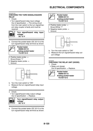 Page 493
ELECTRICAL COMPONENTS
8-120
EAS4S81032
CHECKING THE TURN SIGNAL/HAZARD 
RELAY
1. Check: Turn signal/hazard relay input voltage Out of specification  → The wiring circuit 
from the main switch to the turn signal/haz-
ard relay coupler is faulty and must be 
repaired.
▼▼▼▼▼▼▼▼▼▼▼▼▼▼▼▼▼▼▼▼▼▼▼▼▼▼▼▼▼▼
a. Connect the pocket tester (DC 20 V) to the  turn signal/hazard relay terminal as shown.
b. Turn the main switch to “ON”.
c. Measure the turn signal/hazard relay input  voltage....