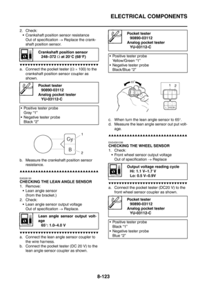 Page 496
ELECTRICAL COMPONENTS
8-123
2. Check: Crankshaft position sensor resistance
Out of specification  → Replace the crank-
shaft position sensor.
▼▼▼▼▼▼▼▼▼▼▼▼▼▼▼▼▼▼▼▼▼▼▼▼▼▼▼▼▼▼
a. Connect the pocket tester ( Ω ×  100) to the 
crankshaft position sensor coupler as 
shown.
b. Measure the crankshaft position sensor  resistance.
▲▲▲▲▲▲▲▲▲▲▲▲▲▲▲▲▲▲▲▲▲▲▲▲▲▲▲▲▲▲
EAS28130
CHECKING THE LEAN ANGLE SENSOR
1. Remove: Lean angle sensor
(from the bracket.)
2. Check:  Lean angle sensor output voltage
Out of...