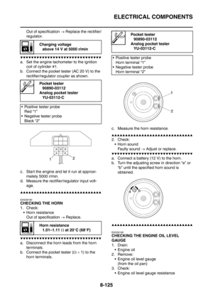 Page 498
ELECTRICAL COMPONENTS
8-125
Out of specification → Replace the rectifier/
regulator.
▼▼▼▼▼▼▼▼▼▼▼▼▼▼▼▼▼▼▼▼▼▼▼▼▼▼▼▼▼▼
a. Set the engine tachometer to the ignition 
coil of cylinder #1.
b. Connect the pocket tester (AC 20 V) to the 
rectifier/regulator coupler as shown.
c. Start the engine and let it run at approxi- mately 5000 r/min.
d. Measure the rectifier/regulator input volt-
age.
▲▲▲▲▲▲▲▲▲▲▲▲▲▲▲▲▲▲▲▲▲▲▲▲▲▲▲▲▲▲
EAS28180
CHECKING THE HORN
1. Check: Horn resistance Out of specification  → Replace....