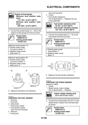 Page 499
ELECTRICAL COMPONENTS
8-126
▼▼▼▼▼▼▼▼▼▼▼▼▼▼▼▼▼▼▼▼▼▼▼▼▼▼▼▼▼▼
a. Connect the pocket tester (Ω ×  100) to the 
engine oil level gauge terminal as shown.
b. Measure the pickup coil resistance.
▲▲▲▲▲▲▲▲▲▲▲▲▲▲▲▲▲▲▲▲▲▲▲▲▲▲▲▲▲▲
EAS28230
CHECKING THE FUEL SENDER
1. Remove:  Fuel tank
2. Disconnect:
 Fuel pump coupler
 Fuel sender coupler (from the wire harness)
3. Remove:  Fuel pump (from the fuel tank)
4. Check:
 Fuel sender resistance Out of specification  → Replace the fuel 
pump assembly....