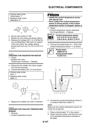 Page 500
ELECTRICAL COMPONENTS
8-127
b. Set the main switch to “ON”.
c. Elevate the rear wheel and slowly rotate it.
d. Measure the voltage (DC 5 V) of White/Yel-low and Black/Blue. With each full rotation 
of the rear wheel, the voltage reading 
should cycle from 0.6 V to 4.8 V to 0.6 V to 
4.8 V.
▲▲▲▲▲▲▲▲▲▲▲▲▲▲▲▲▲▲▲▲▲▲▲▲▲▲▲▲▲▲
EAS28250
CHECKING THE RADIATOR FAN MOTOR
1. Check: Radiator fan motor
Faulty/rough movement  → Replace.
▼▼▼▼▼▼▼▼▼▼▼▼▼▼▼▼▼▼▼▼▼▼▼▼▼▼▼▼▼▼
a. Disconnect the radiator fan motor coupler 
from...