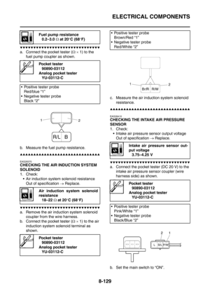 Page 502
ELECTRICAL COMPONENTS
8-129
▼▼▼▼▼▼▼▼▼▼▼▼▼▼▼▼▼▼▼▼▼▼▼▼▼▼▼▼▼▼
a. Connect the pocket tester (Ω ×  1) to the 
fuel pump coupler as shown.
b. Measure the fuel pump resistance.
▲▲▲▲▲▲▲▲▲▲▲▲▲▲▲▲▲▲▲▲▲▲▲▲▲▲▲▲▲▲
EAS28370
CHECKING THE AIR INDUCTION SYSTEM 
SOLENOID
1. Check:  Air induction system solenoid resistance Out of specification  → Replace.
▼▼▼▼▼▼▼▼▼▼▼▼▼▼▼▼▼▼▼▼▼▼▼▼▼▼▼▼▼▼
a. Remove the air induc tion system solenoid 
coupler from the wire harness.
b. Connect the pocket tester ( Ω ×  1) to the air 
induction...