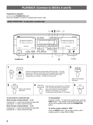 Page 66
PLAYBACK (Common to DECKs A and B)
Preparation for playback
ÖTurn on the STANDBY/ON switch.
ÖSet your amplifier or receiver to cassette deck function mode.
BASIC OPERATION - To play back a cassette tape
EJECT
DOLBY NROFF/ B/ C
Refer to the following
description.
MODEÒ/[/Ó/RELAY
2 1
35
4
Refer to the following
description.
DIRECTIONSelect the tape running direction for DECK A
or B.  Each time this button is pressed, the
tape running direction changes between
forward (#) and reverse (@), and the...