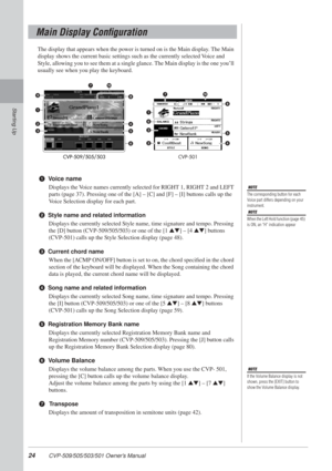 Page 2424 CVP-509/505/503/501 Owner’s Manual
Starting Up
The display that appears when the power is turned on is the Main display. The Main 
display shows the current basic settings such as the currently selected Voice and 
Style, allowing you to see them at a single glance. The Main display is the one you’ll 
usually see when you play the keyboard.
1Voice name
Displays the Voice names currently selected for RIGHT 1, RIGHT 2 and LEFT 
parts (page 37). Pressing one of the [A] – [C] and [F] – [I] buttons calls up...