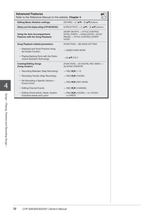 Page 7272 CVP-509/505/503/501 Owner’s Manual
4
Songs – Playing, Practice and Recording Songs –
Advanced Features
Refer to the Reference Manual on the website, Chapter 4.
Editing Music Notation settings:[SCORE] → [1 ▲▼] – [8  ▲▼] buttons
Editing Lyrics/Text display settings (CVP-509/505/503):[LYRICS/TEXT]  → [1 ▲▼] – [8  ▲▼] buttons
Using the Auto Accompaniment 
Features with the Song Playback:[ACMP ON/OFF]  → STYLE CONTROL 
[SYNC START]  → SONG [STOP] + [PLAY/
PA USE]  → STYLE CONTROL [START/
STOP]
Song...