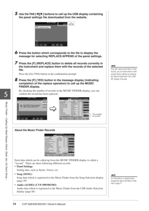 Page 7474 CVP-509/505/503/501 Owner’s Manual
Music Finder – Calling Up Ideal Setups (Voice, Style, etc.) for Each Song –
5
NOTE
Even after replacing the Music Finder 
records, you can restore them to their 
original factory settings by selecting 
the “MusicFinderPreset” ﬁle in PRE-
SET display of the step.
5Use the TAB [E][F ] buttons to call up the USB display containing 
the panel settings ﬁle downloaded from the website.
6Press the button which corresponds to the ﬁle to display the 
message for selecting...