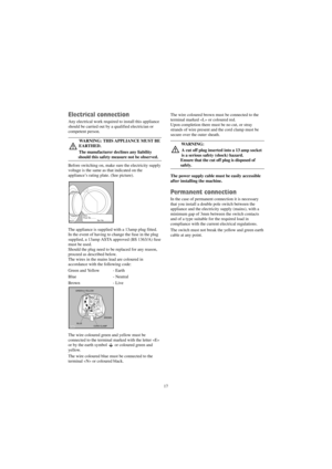Page 1717
Electrical connection
Any electrical work required to install this appliance
should be carried out by a qualified electrician or
competent person.
WARNING: THIS APPLIANCE MUST BE
EARTHED.
The manufacturer declines any liability
should this safety measure not be observed.
Before switching on, make sure the electricity supply
voltage is the same as that indicated on the
appliance’s rating plate. (See picture).
The appliance is supplied with a 13amp plug fitted.
In the event of having to change the fuse...